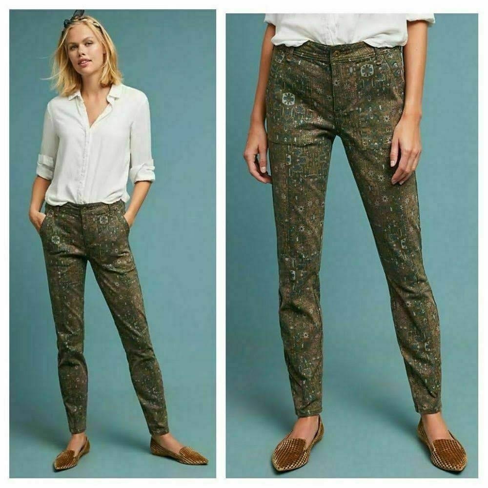 Anthropologie Cadet Slim Utility Pants Green Olive Multicolor Aztec print